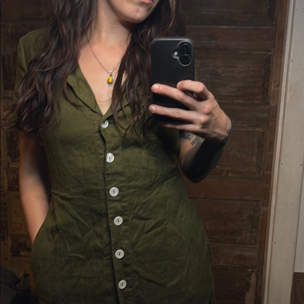 Olive Green linen Button-Up Dress